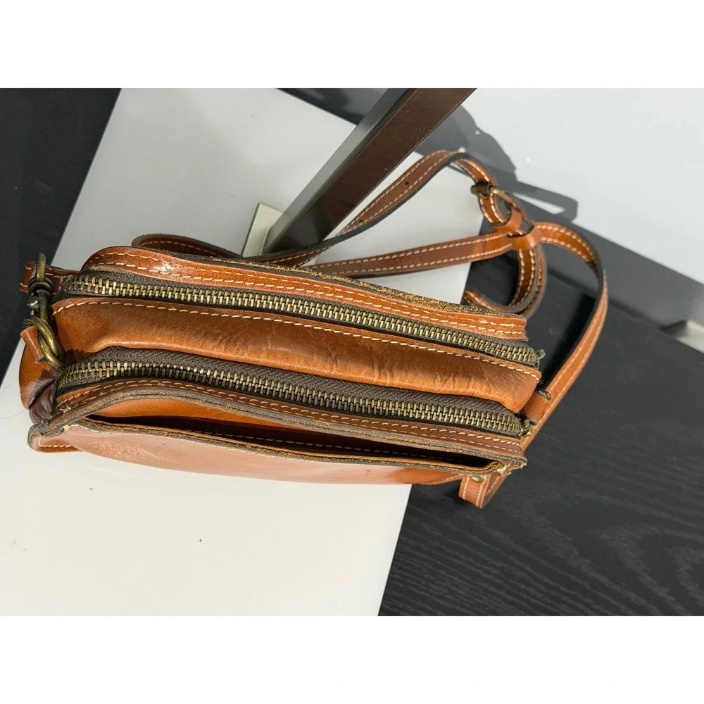 Patricia Nash Tan Leather Triple Compartment Crossbody Bag Small Camera Bag